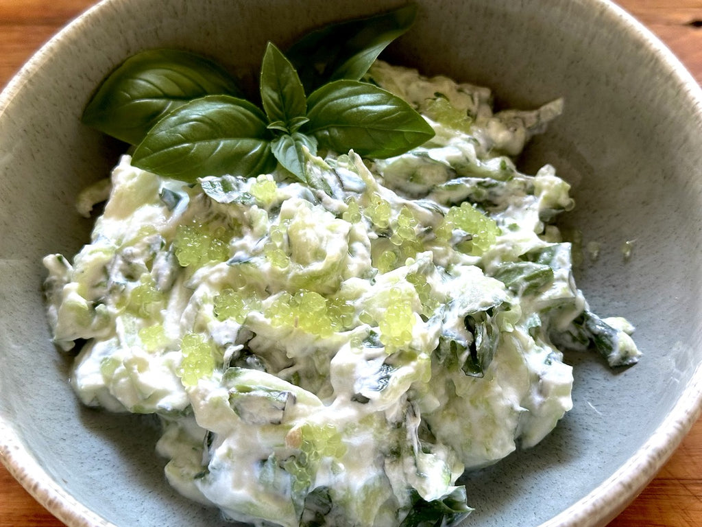 Basil, cucumber and finger lime yoghurt dip Hill Road Orchard